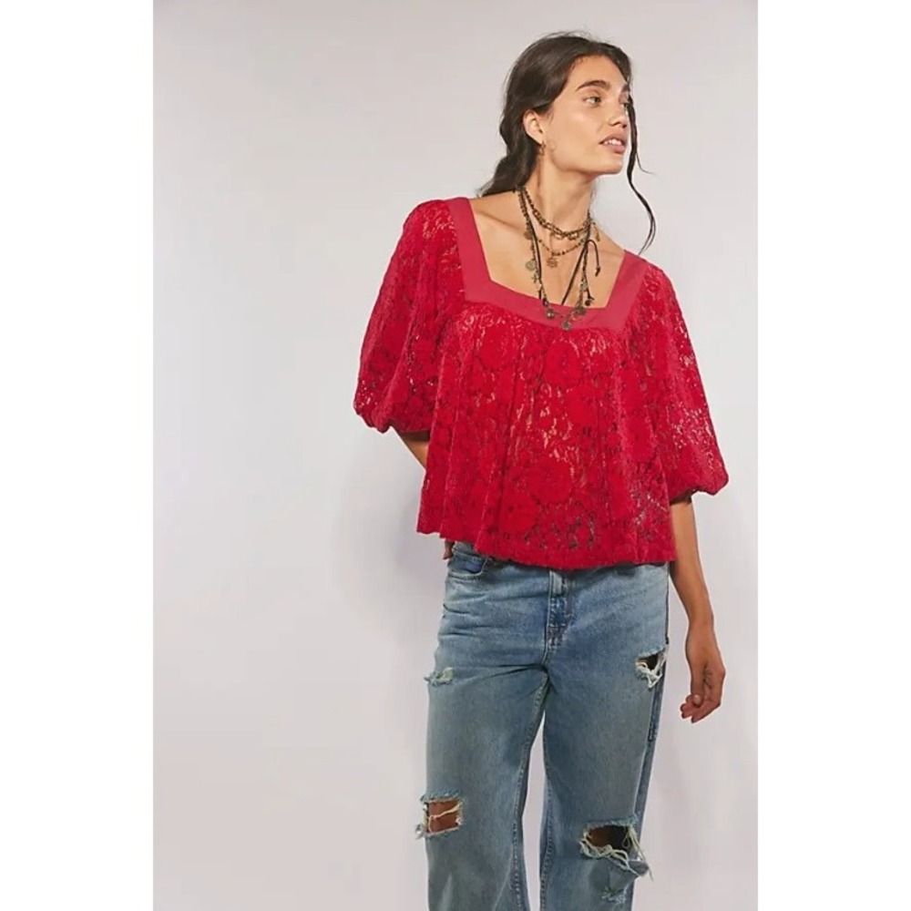 Free People Lace Blouse Women's XS Red Romantic Boho